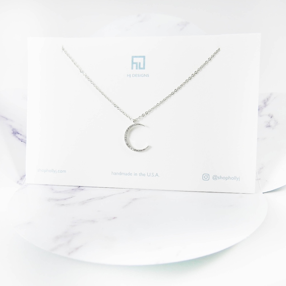 Gold or Silver Crescent Moon Cubic CZ Necklaces